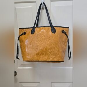 Urban Expressions Glossy Mustard Yellow Tote Bag with Black Trim 11"x12"x 7"